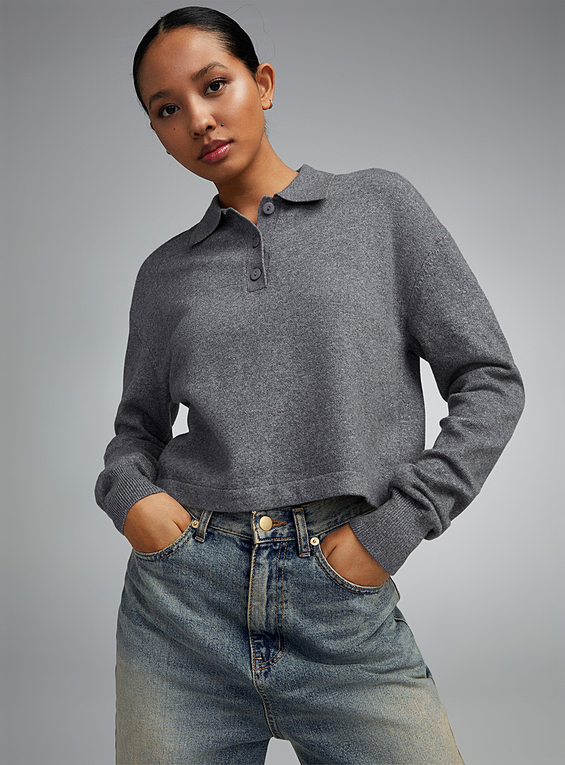 Twik Grey Three-button polo-collar sweater for women