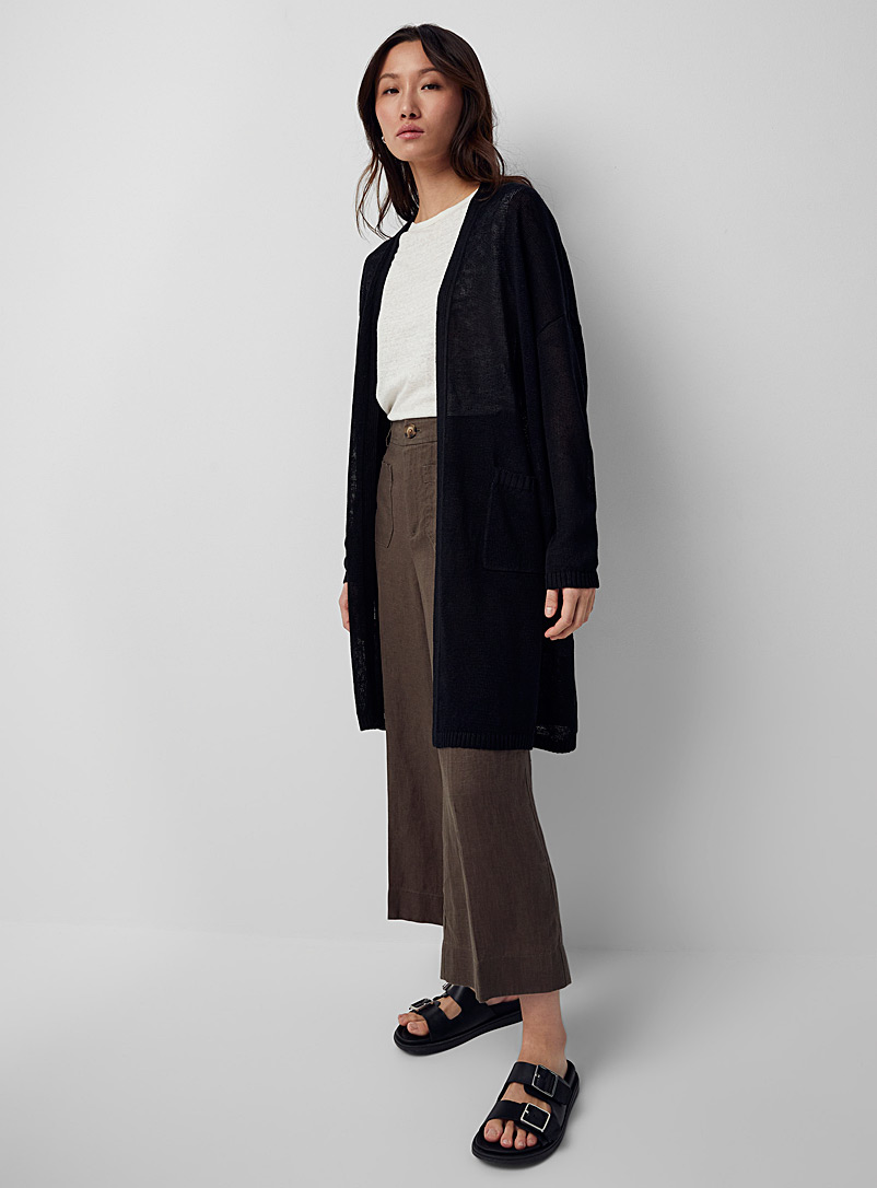 Contemporaine Black Flowy organic linen elongated cardigan for women