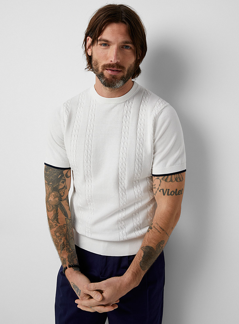 Le 31 Ivory White Arranged cables sweater for men