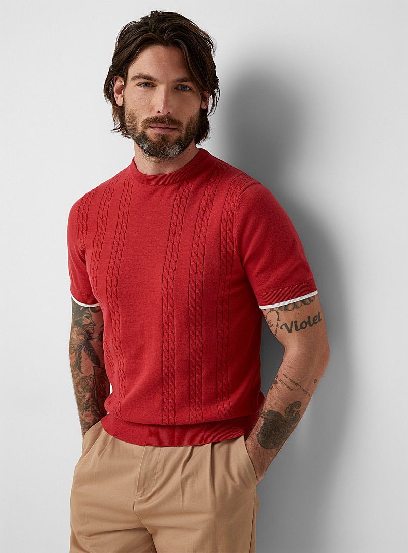 Le 31 Red Arranged cables sweater for men