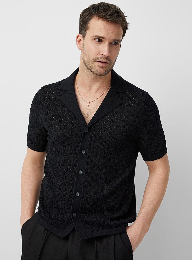 Le 31: La chemise col ouvert tricot pointelle Noir pour homme