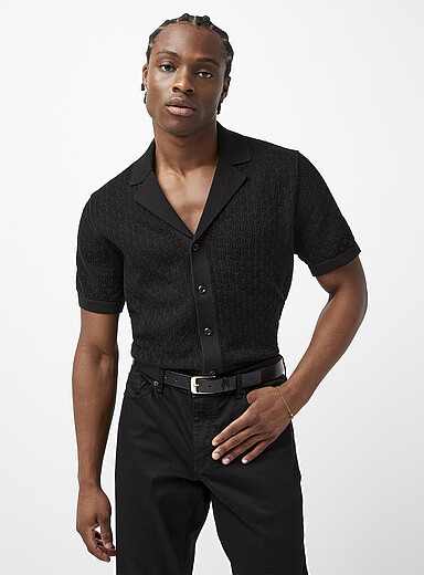 Le 31: La chemise col ouvert tricot pointelle Noir pour homme