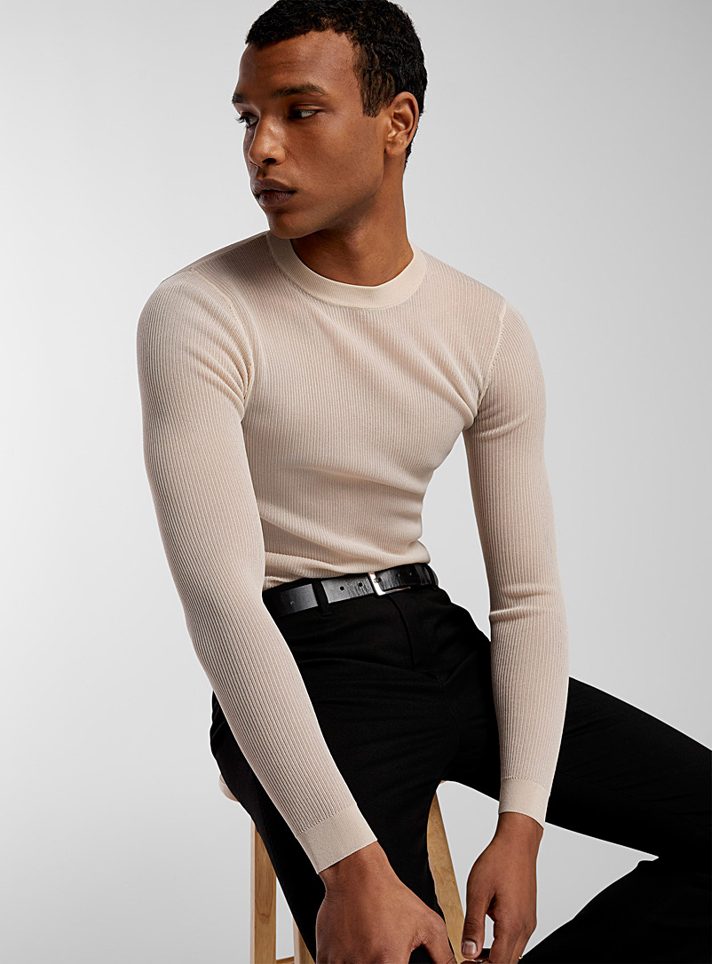 Le 31 Ivory White Sheer ribbed sweater for men