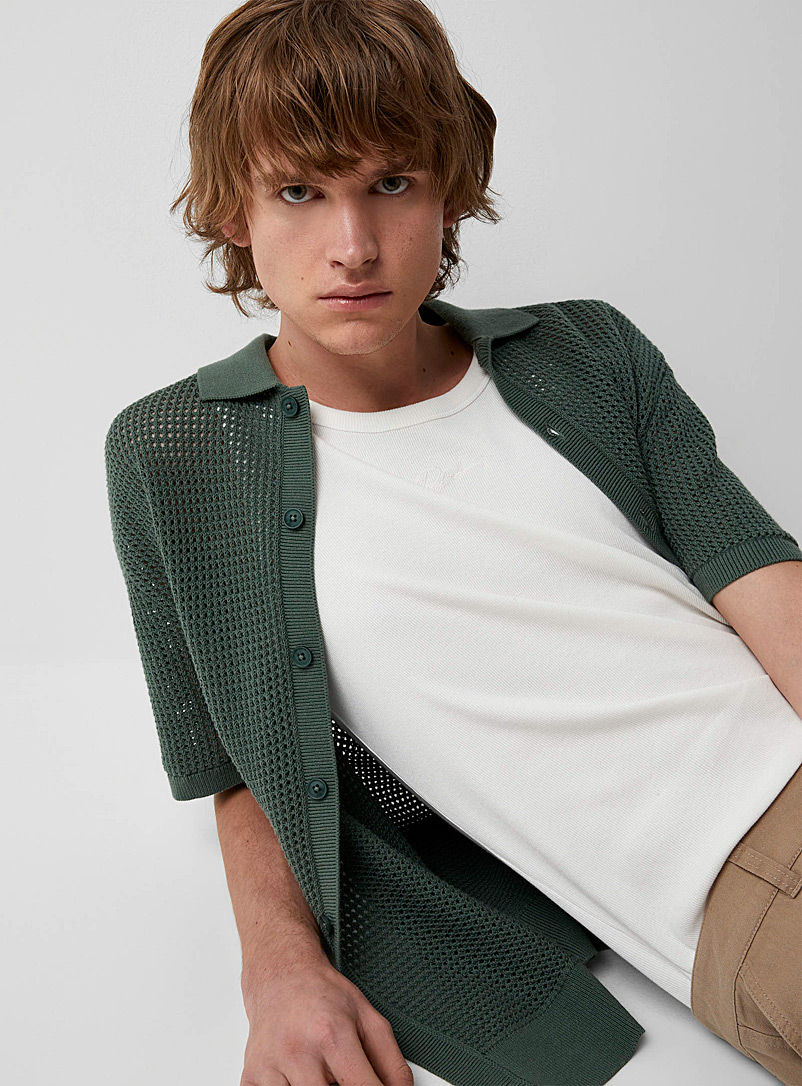 Djab Green Openwork knit buttoned polo for men