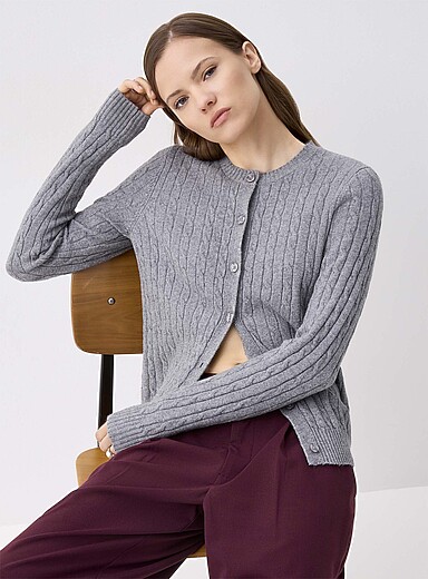 Twik Slate Grey Soft cable-knit crew-neck cardigan for women