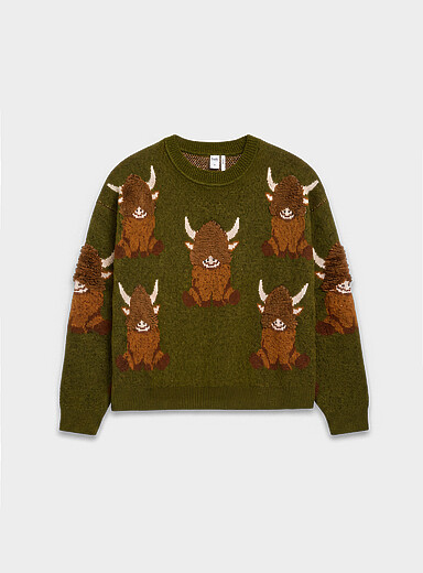 Twik Mossy Green Fuzzy pattern loose sweater for women