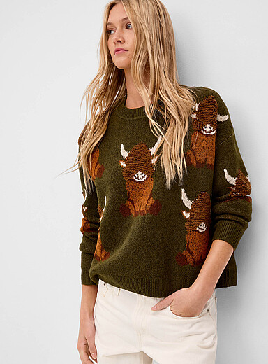 Twik: Le chandail ample motif poilu Vert fonc&eacute; - Mousse pour femme