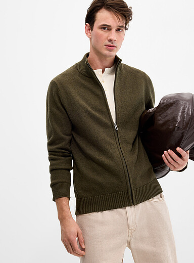 Le 31: Le cardigan zipp&eacute; coton retransform&eacute; Kaki pour homme