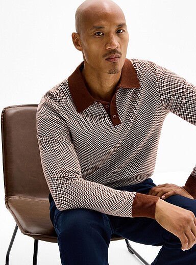 Le 31 Brown Herringbone jacquard knit polo for men