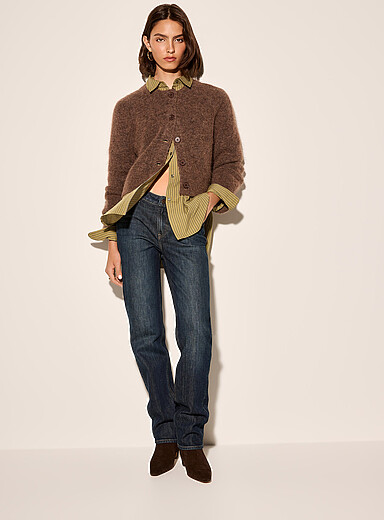 Ic&ocirc;ne Brown Boxy cropped crew-neck alpaca wool cardigan for women