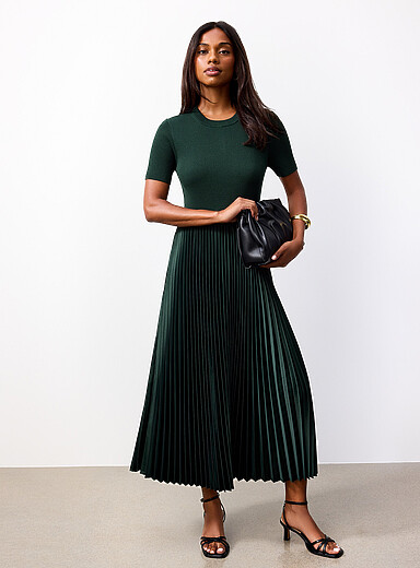 Pleated faux-leather mixed-media dress