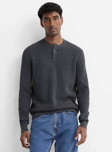 Waffle-knit Henley sweater