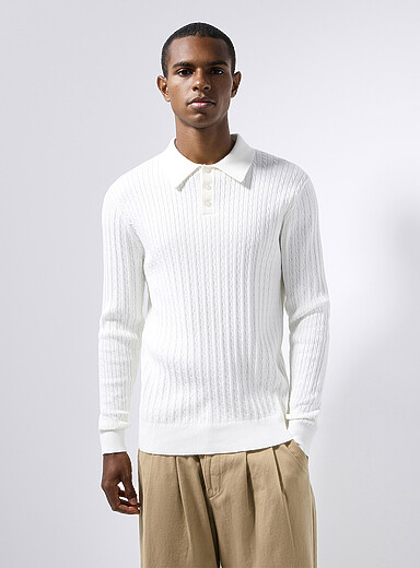 Twisted-cable polo-collar sweater