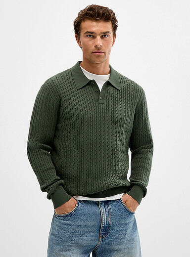 Le 31 Mossy Green Twisted-cable polo-collar sweater for men