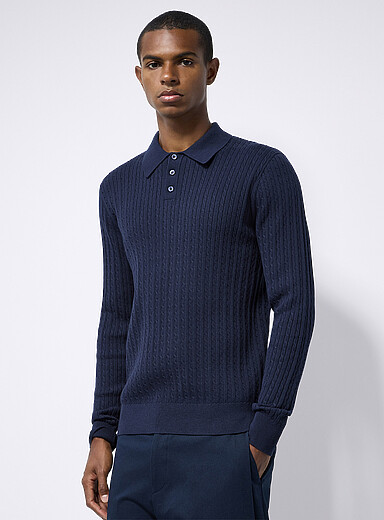 Twisted-cable polo-collar sweater