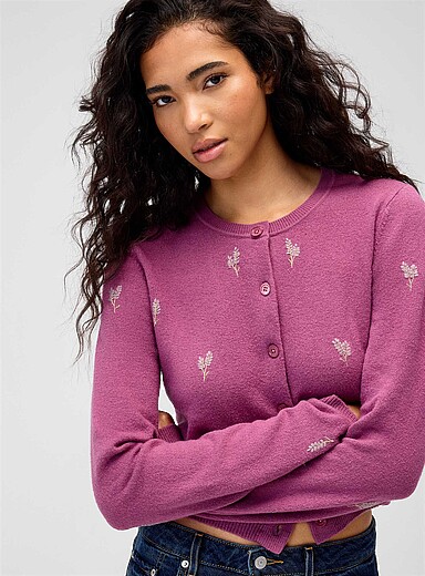 Twik Mauve Spring embroidery boxy cardigan for women