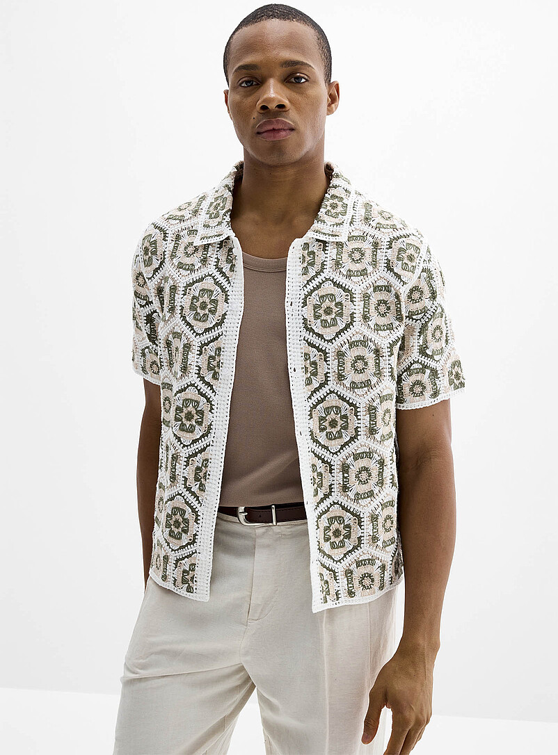 Le 31 Patterned Ecru Crochet medallion cardigan for men