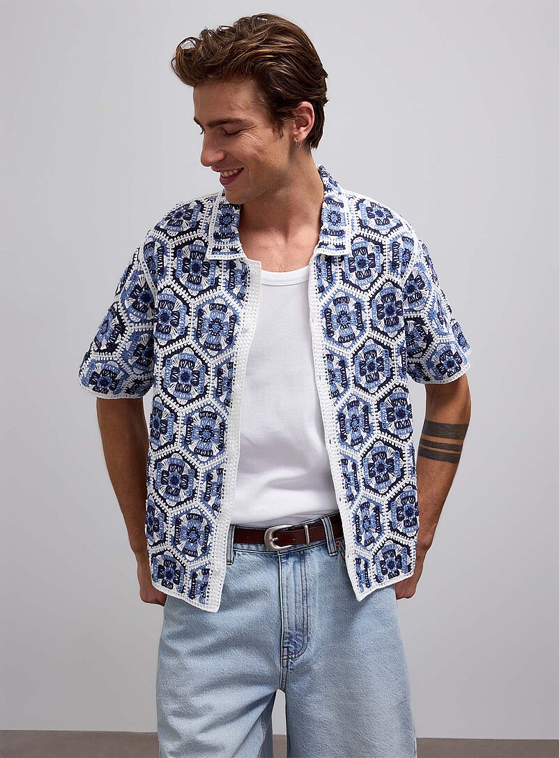 Le 31 Patterned Ecru Crochet medallion cardigan for men