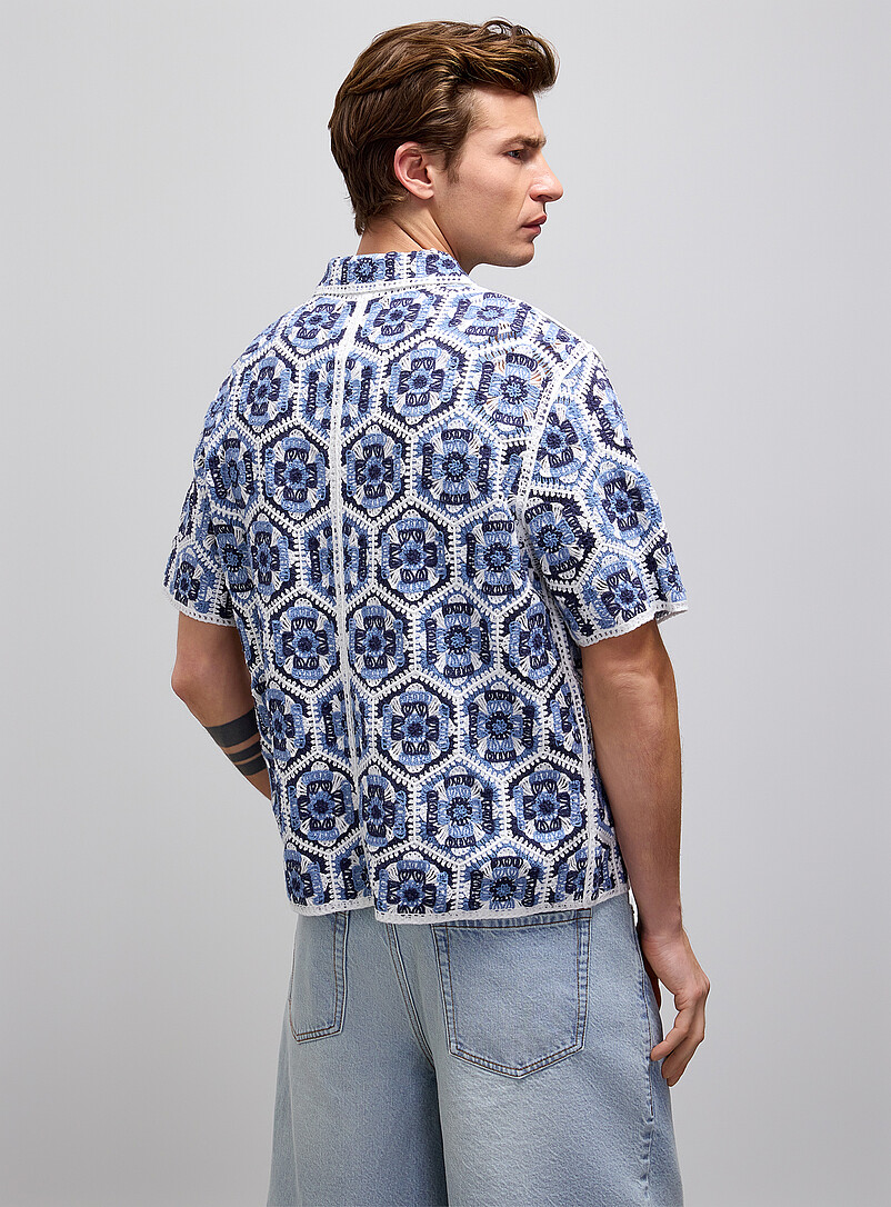 Le 31 Patterned Ecru Crochet medallion cardigan for men