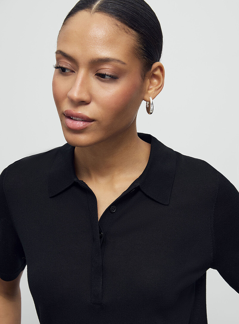 Contemporaine Black Plain ultra-fine knit polo sweater for women