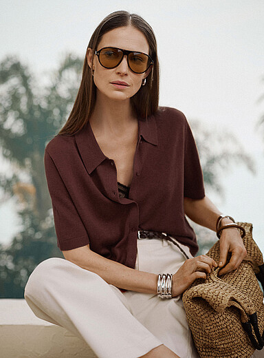 Contemporaine Chocolate/Espresso Linen-blend polo-collar cardigan for women