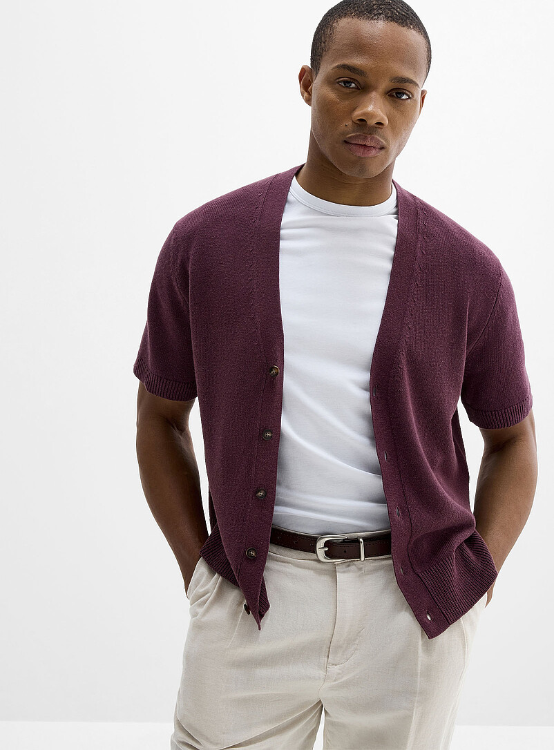 Le 31 Burgundy Linen knit short-sleeve cardigan for men