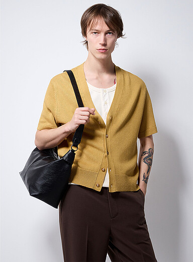 Le 31: Le cardigan manches courtes tricot de lin Jaune dor&eacute; pour homme