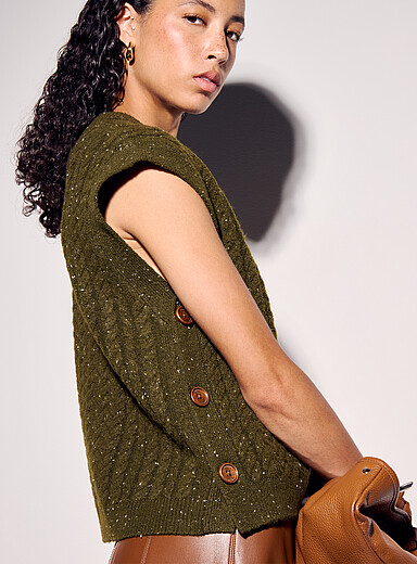 Ic&ocirc;ne Dark Olive Side buttoning speckled cable-knit sweater vest for women