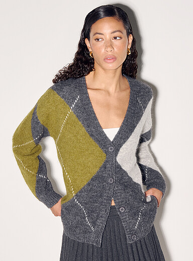 Ic&ocirc;ne Patterned Grey Retro argyle alpaca wool cardigan for women