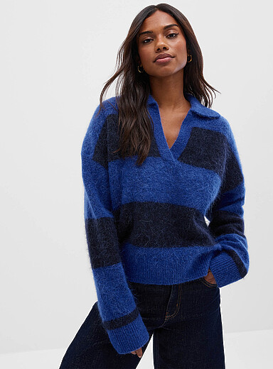 Alpaca blend rugby stripes fuzzy sweater