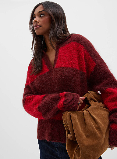 Contemporaine Patterned Red Alpaca blend rugby stripes fuzzy sweater for women