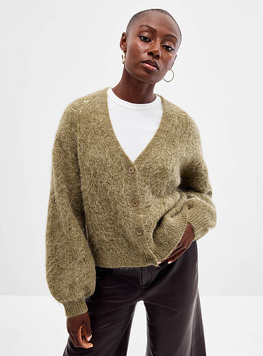 Le cardigan filamenteux manches bouffantes alpaga m&eacute;lang&eacute;