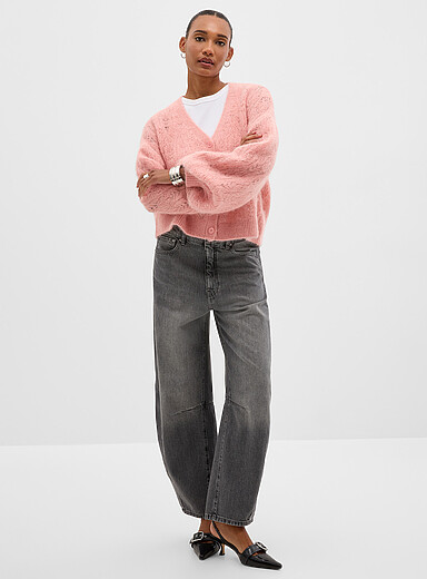 Alpaca blend puff-sleeve fuzzy cardigan