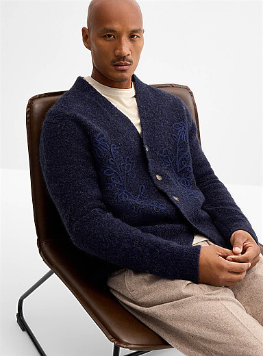 Le 31 Navy Floral embossed cardigan for men