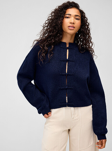 Twik Navy/Midnight Blue Boxy frog-closure cardigan for women