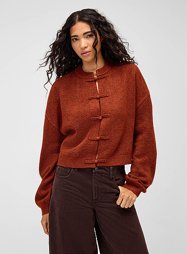 Twik Burnt/Brick Orange Boxy frog-closure cardigan for women
