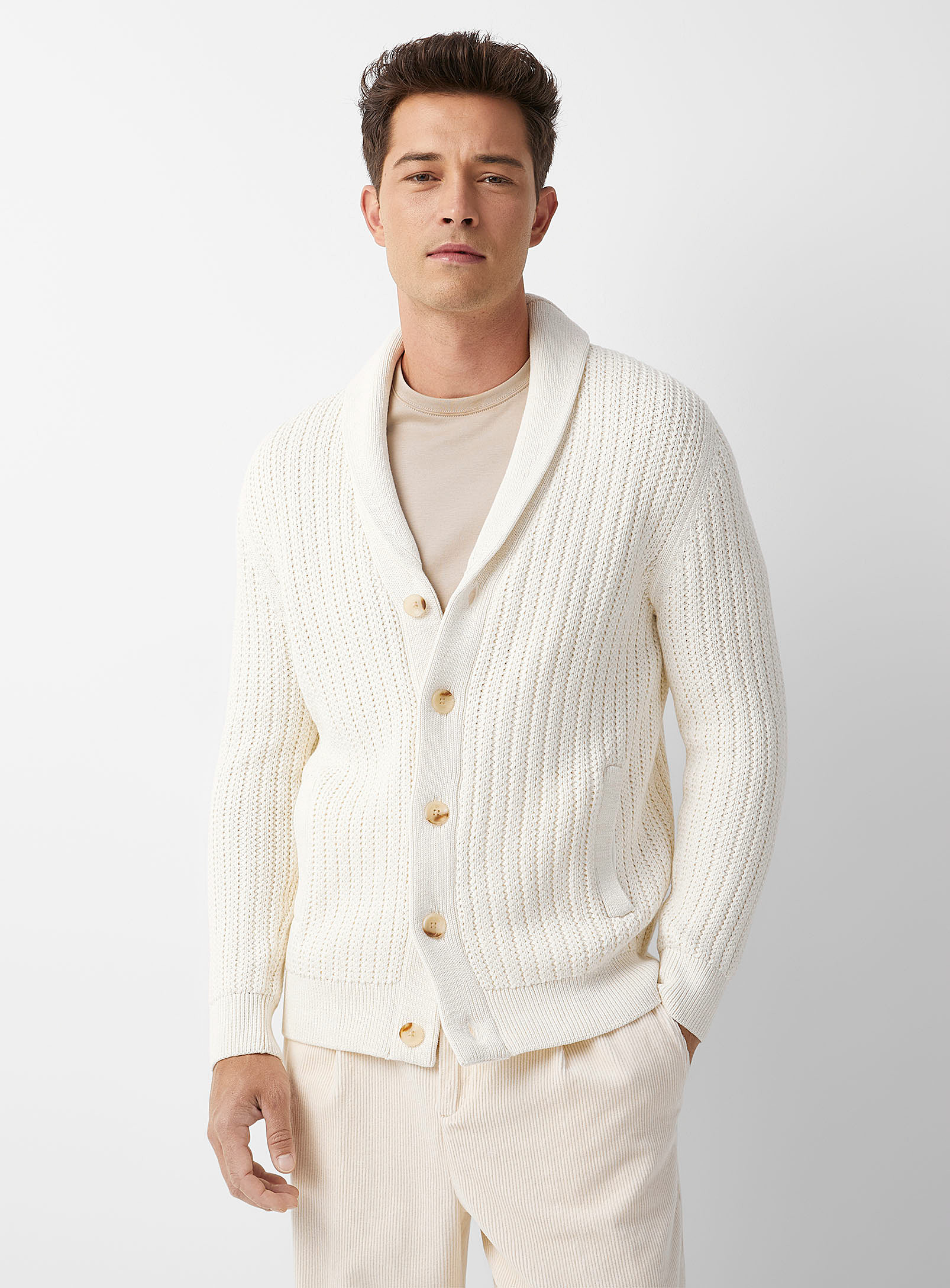 Le 31 Supima Cotton Shawl-collar Cardigan In Patterned Ecru