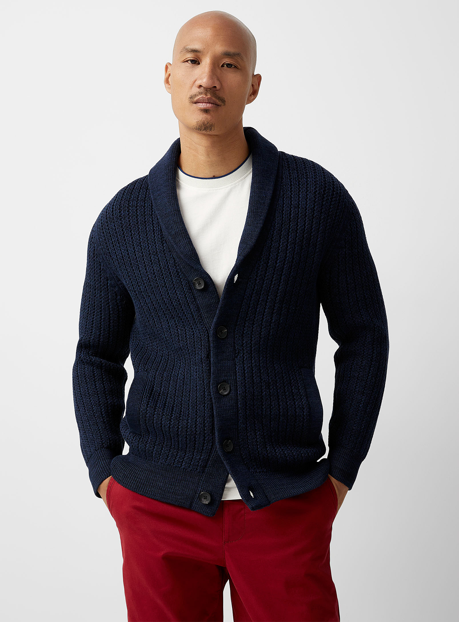 Le 31 Supima Cotton Shawl-collar Cardigan In Patterned Blue