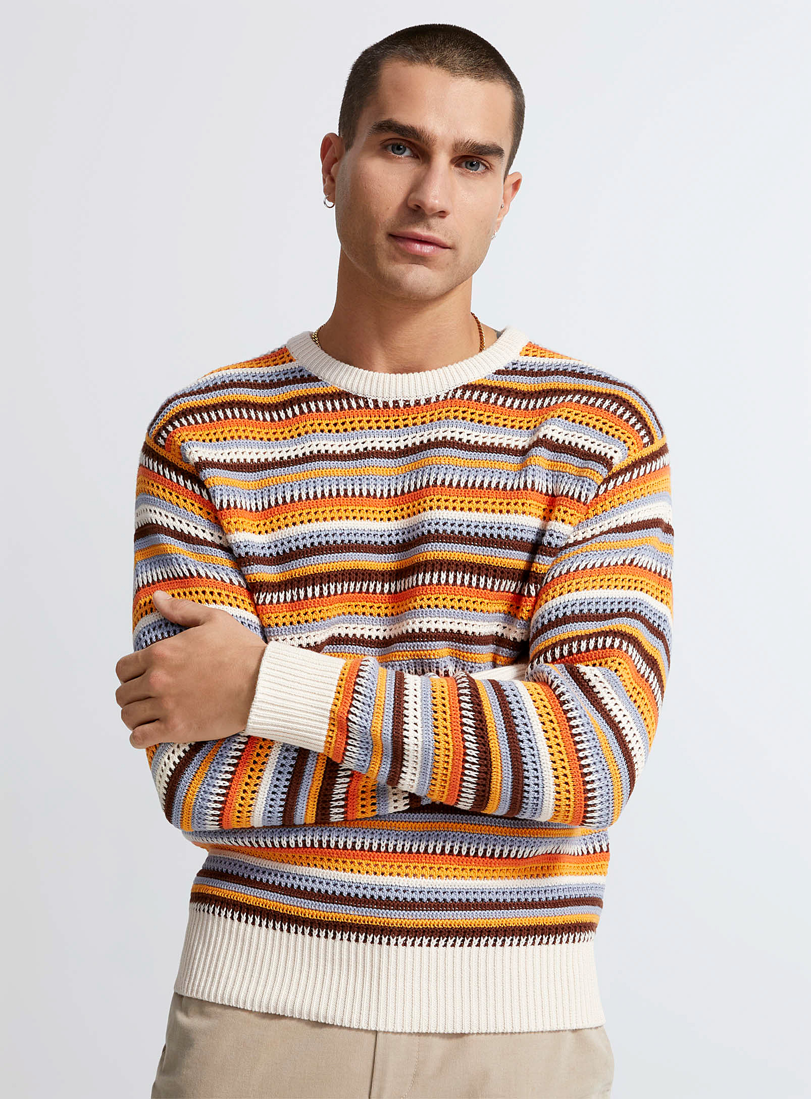 Le 31 Crochet Striped Sweater In Patterned Ecru
