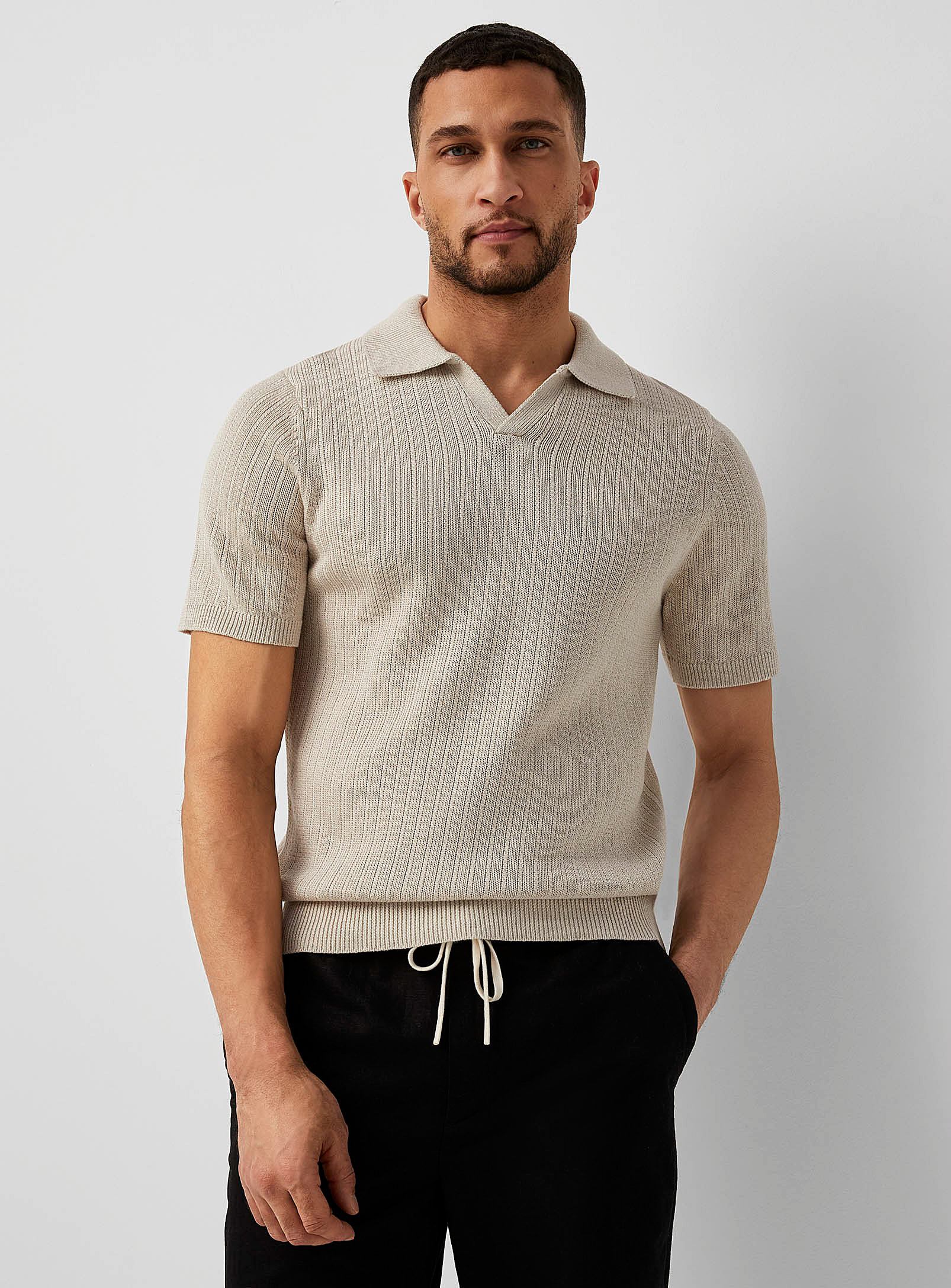 Le 31 Pure Organic Linen Johnny-collar Sweater In Ecru/linen