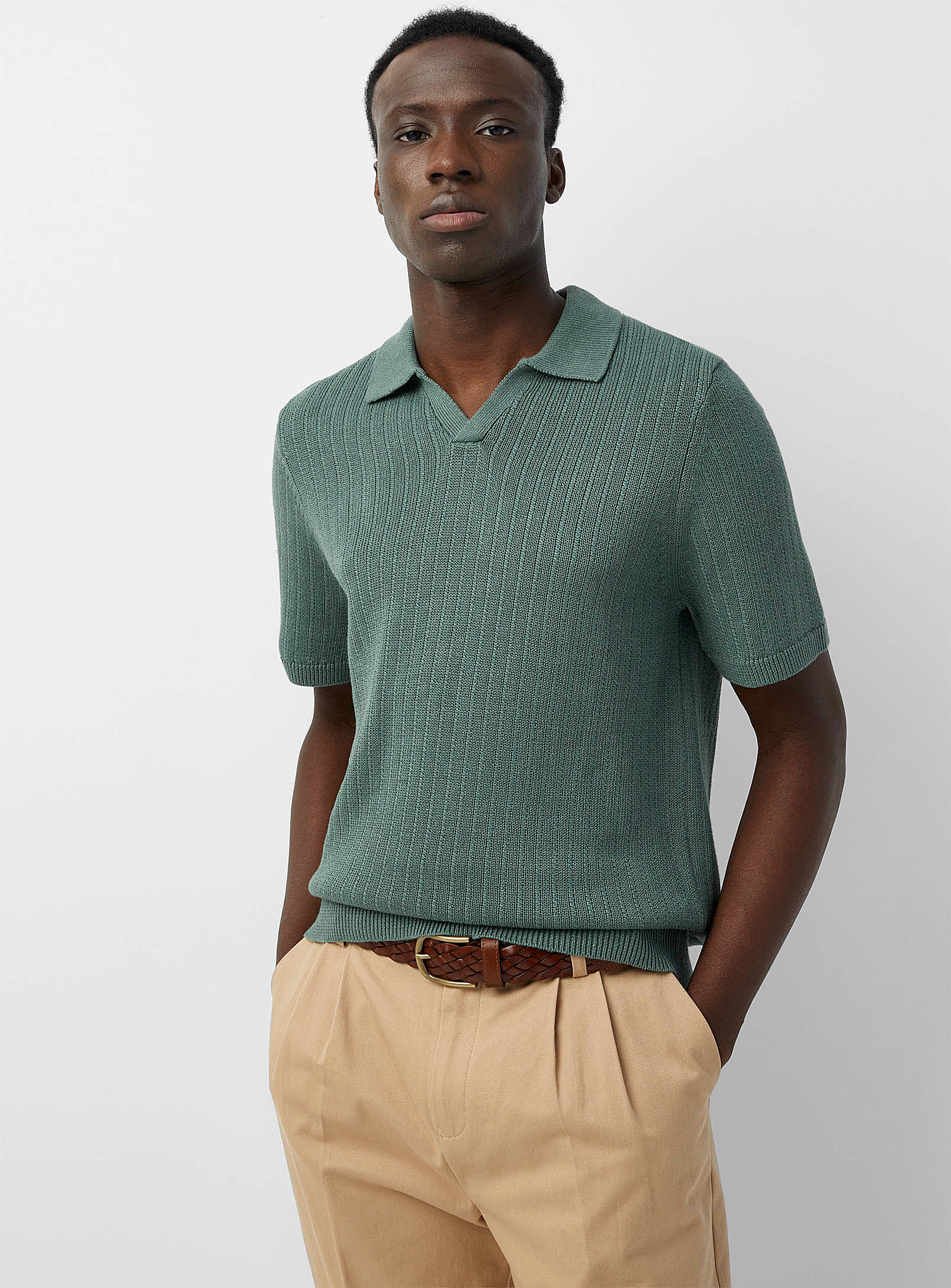 Le 31 Pure Organic Linen Johnny-collar Sweater In Green