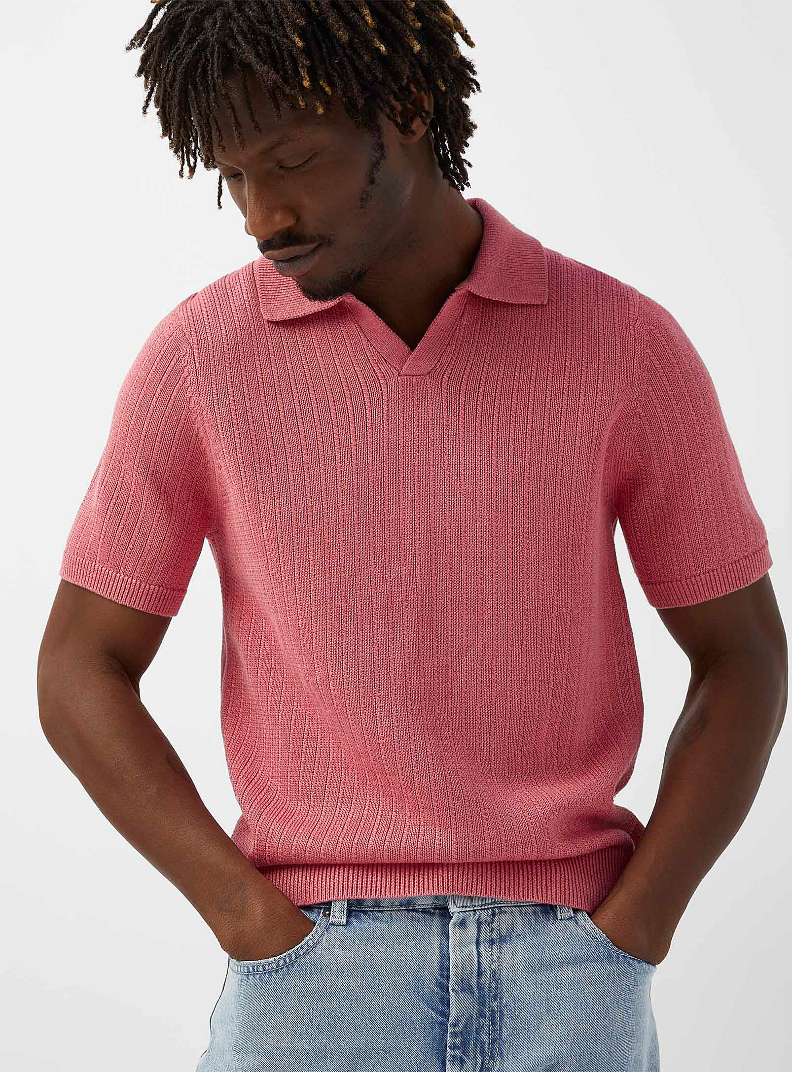Le 31 Pure Organic Linen Johnny-collar Sweater In Pink