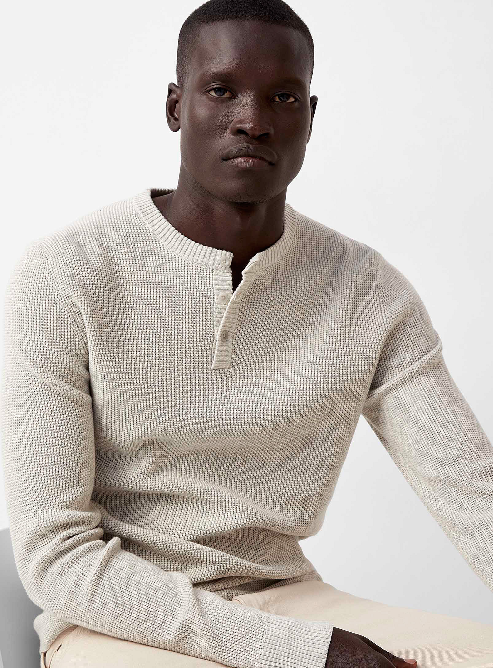 Le 31 Waffle-knit Henley Sweater In Ivory White