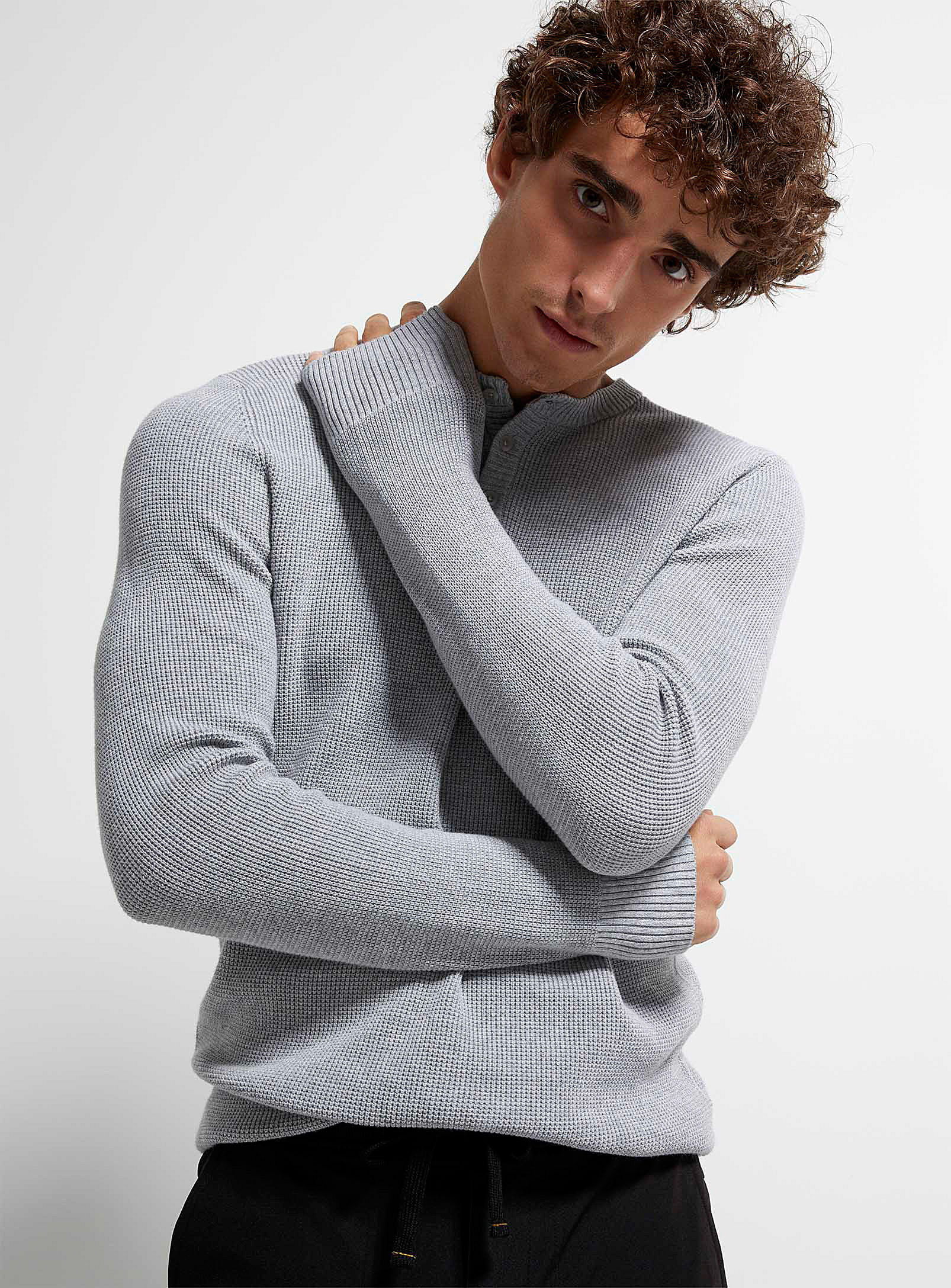 Le 31 Waffle-knit Henley Sweater In Oxford