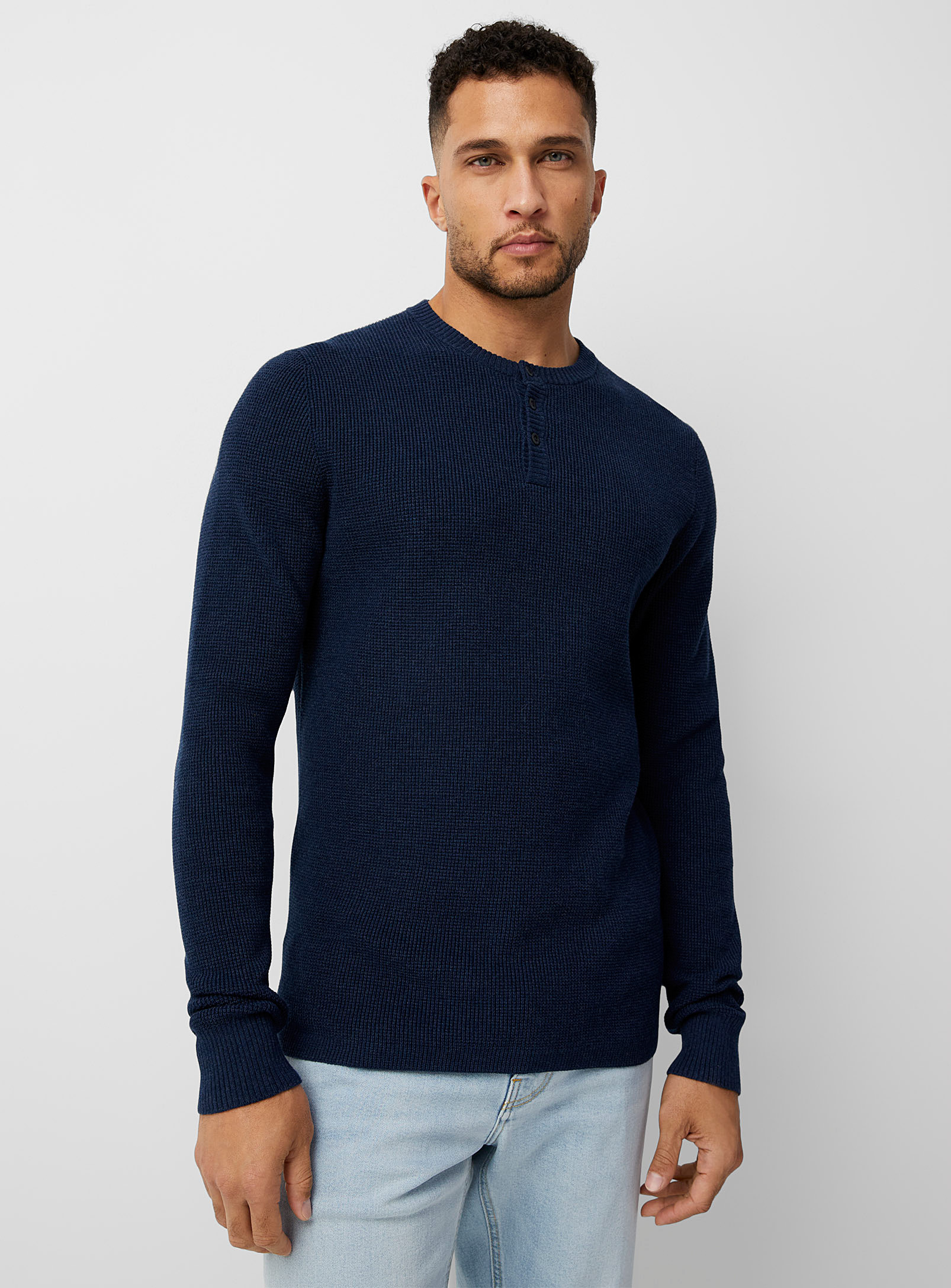 Le 31 Waffle-knit Henley Sweater In Patterned Blue