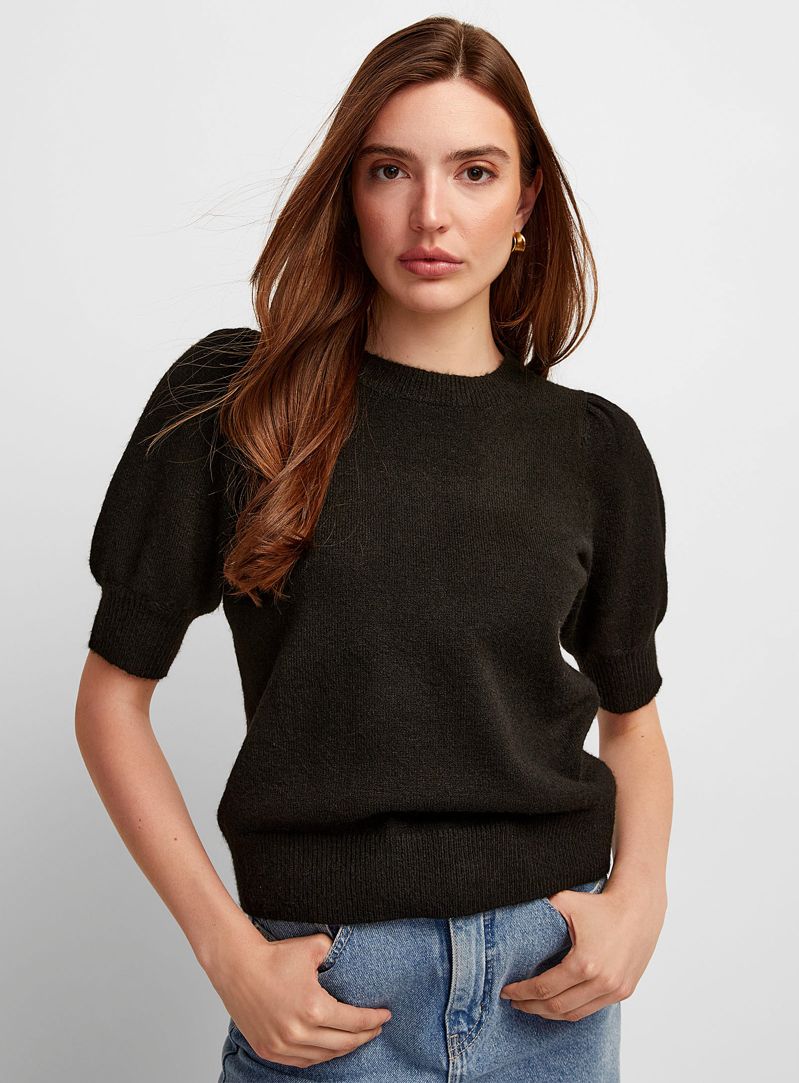 Icone Short Puff Sleeves Sweater In Black