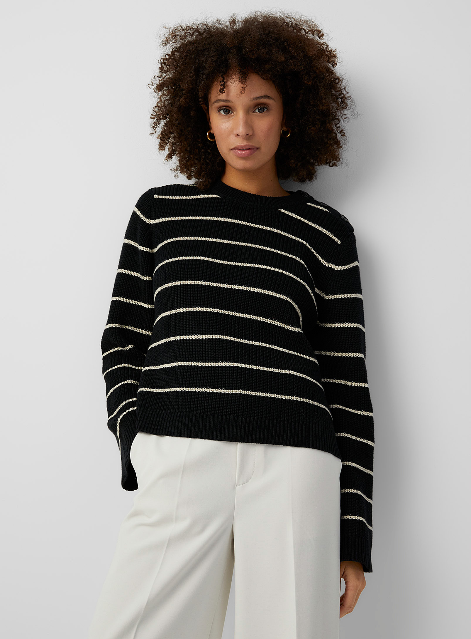 Contemporaine Striped Shaker-rib Sweater In Black