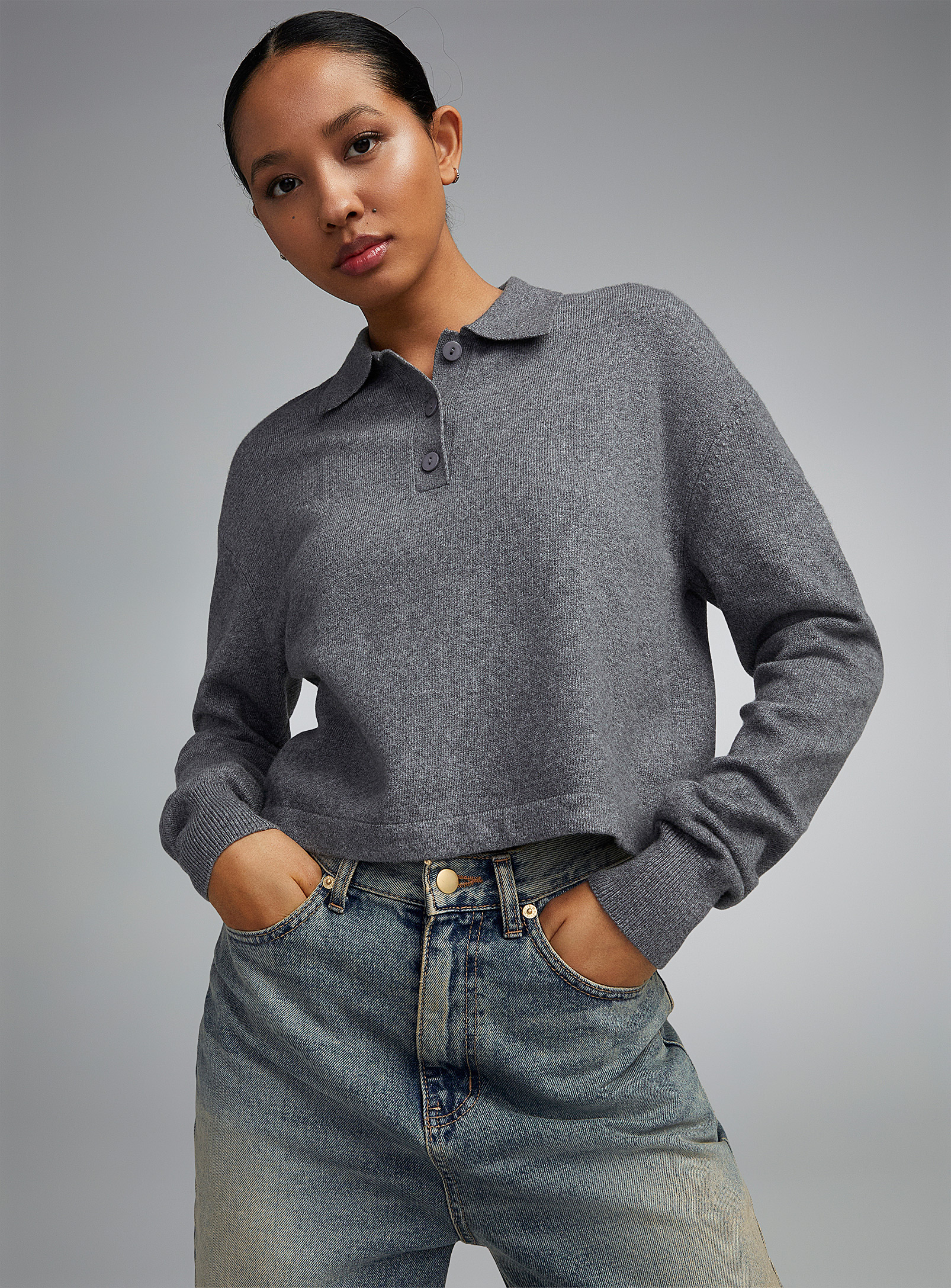 Twik Three-button Polo-collar Sweater In Grey