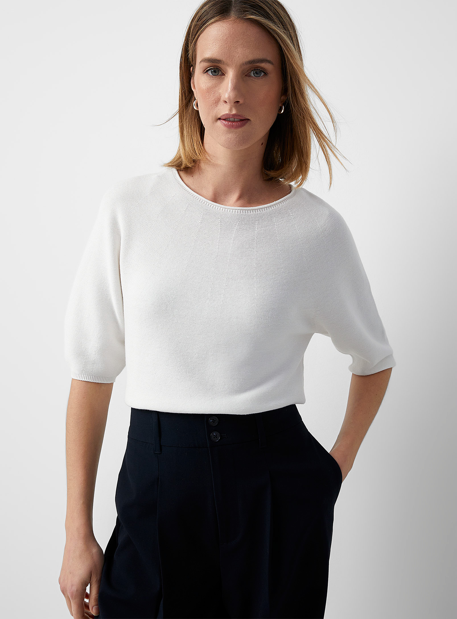 Contemporaine Puff-sleeve Textured Sweater In White