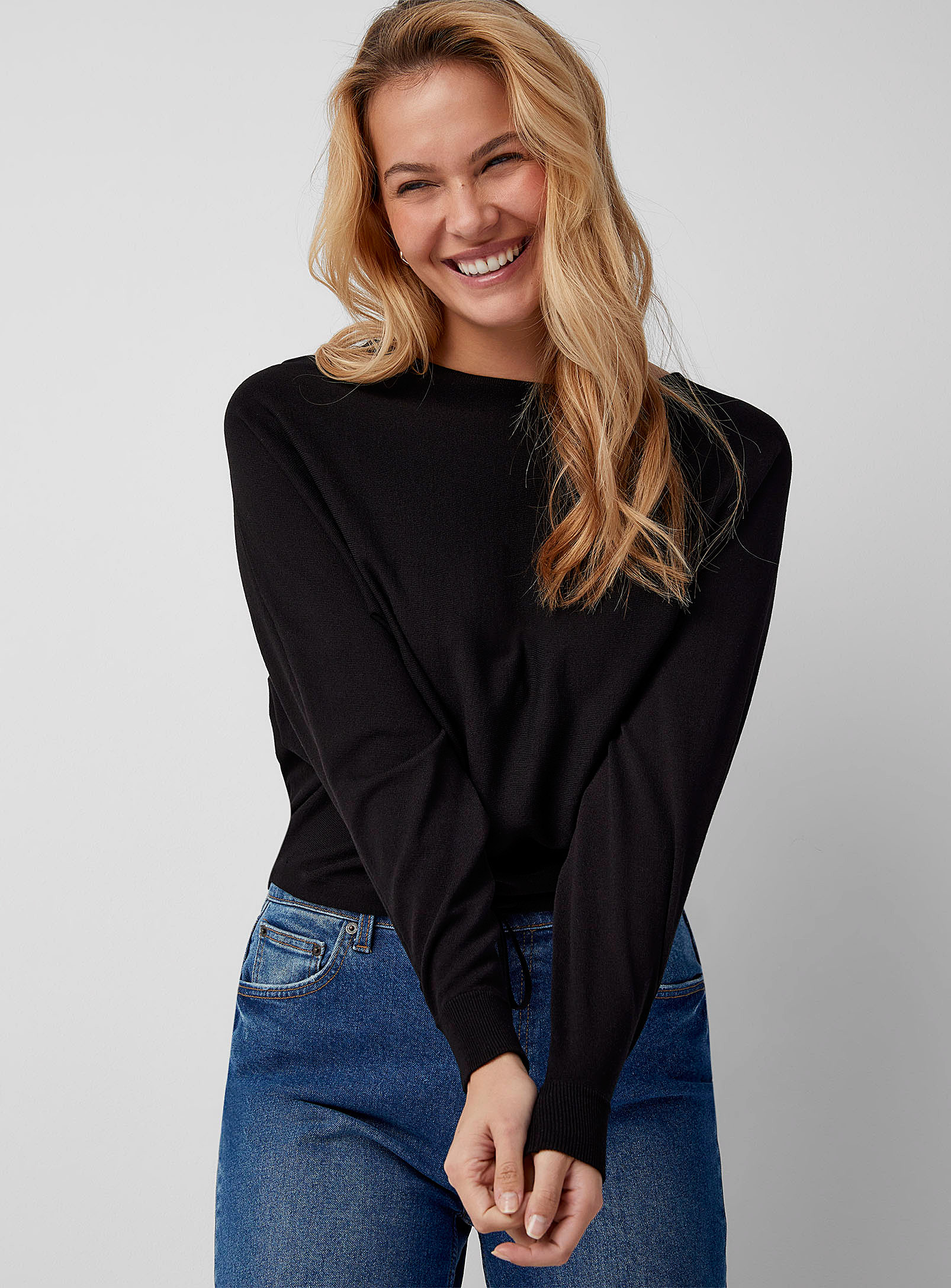 Contemporaine Drawcord-waist Batwing-sleeve Sweater In Black
